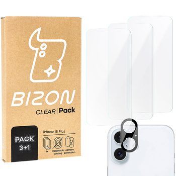 3x Szkło + szybka na aparat BIZON Clear 2 Pack do Apple iPhone 16 Plus