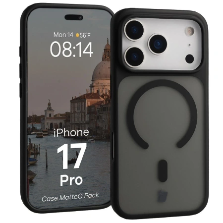 Etui z pierścieniem magnetycznym + szkło hartowane Bizon MatteO Pack do iPhone 17 Pro, przydymione-czarne