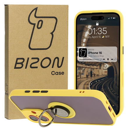 Etui z uchwytem na palec Bizon Case Hybrid Ring do iPhone 16, przydymione z żółtą ramką