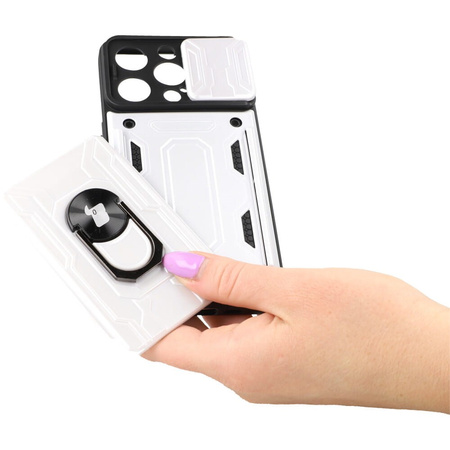 Etui Bizon Case Camshield Card Slot Ring do iPhone 14 Pro, białe