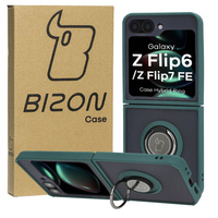Etui z uchwytem na palec Bizon Case Hybrid Ring do Galaxy Z Flip7 FE / Z Flip6, przydymione z ciemnozieloną ramką