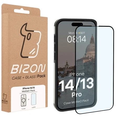 Etui z pierścieniem magnetycznym + szkło hartowane Bizon MatteO Pack do iPhone 14 / 13, przydymione-czarne