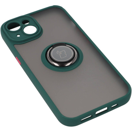 Etui z uchwytem na palec Bizon Case Hybrid Ring do iPhone 14, przydymione z ciemnozieloną ramką