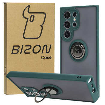 Etui z uchwytem na palec Bizon Case Hybrid Ring do Galaxy S24 Ultra, przydymione z ciemnozieloną ramką