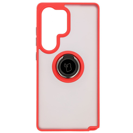 Etui z uchwytem na palec Bizon Case Hybrid Ring do Galaxy S25 Ultra, przydymione z czerwoną ramką