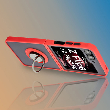 Etui z uchwytem na palec Bizon Case Hybrid Ring do Galaxy Z Flip7 FE / Z Flip6, przydymione z czerwoną ramką