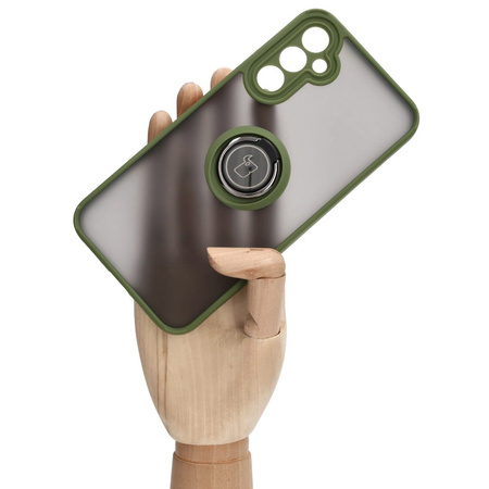 Etui z uchwytem na palec Bizon Case Hybrid Ring do Galaxy A34 5G, przydymione z zieloną ramką