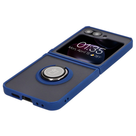 Etui z uchwytem na palec Bizon Case Hybrid Ring do Galaxy Z Flip7 FE / Z Flip6, przydymione z granatową ramką