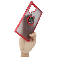 Etui z uchwytem na palec Bizon Case Hybrid Ring do Galaxy S22 Ultra, przydymione z czerwoną ramką
