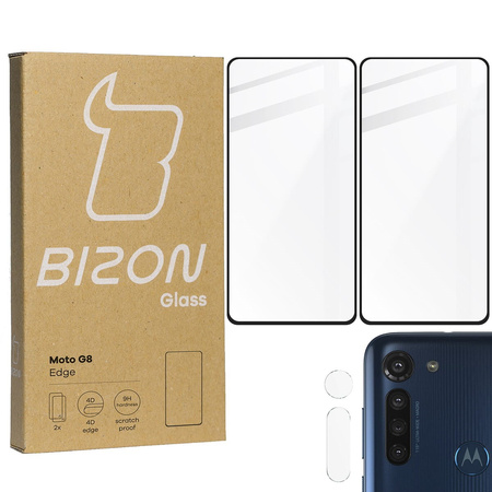 Szkło hartowane Bizon Glass Edge - 2 sztuki + ochrona na obiektyw, Moto G8, czarne