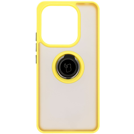 Etui z uchwytem na palec Bizon Case Hybrid Ring do Xiaomi Redmi Note 14 4G, przydymione z żółtą ramką