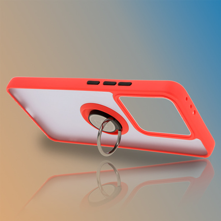 Etui z uchwytem na palec Bizon Case Hybrid Ring do Xiaomi 14T, przydymione z czerwoną ramką