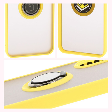Etui z uchwytem na palec Bizon Case Hybrid Ring do Galaxy A56 5G, przydymione z żółtą ramką