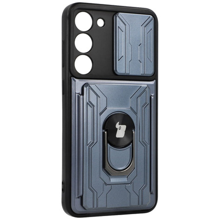 Etui Bizon Case Camshield Card Slot Ring do Galaxy S23 Plus, szare