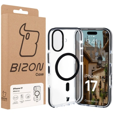 Etui z pierścieniem magnetycznym Bizon Case Marco do iPhone 17, przezroczyste z czarną ramką