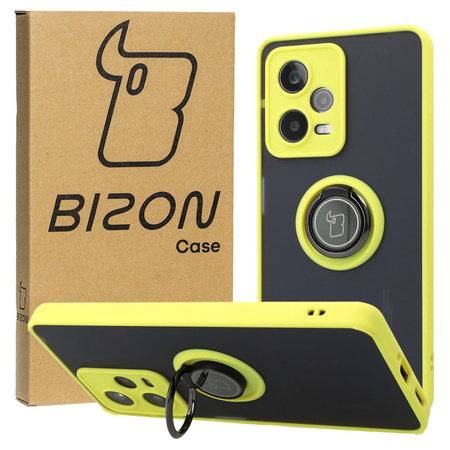 Etui z uchwytem na palec Bizon Case Hybrid Ring do Xiaomi Redmi Note 12 Pro 5G, przydymione z żółtą ramką