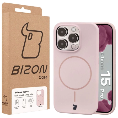 Silikonowe etui z pierścieniem magnetycznym Bizon Soft Case Magnetic do iPhone 15 Pro, jasnoróżowe