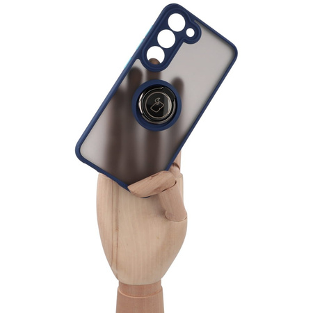 Etui z uchwytem na palec Bizon Case Hybrid Ring do Galaxy S23, przydymione z granatową ramką
