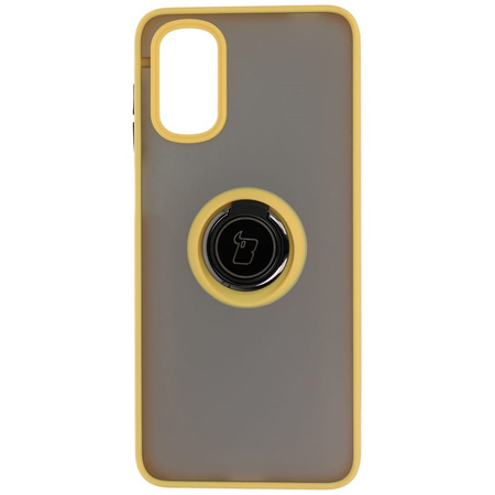 Etui z uchwytem na palec Bizon Case Hybrid Ring do Motorola Moto G22 / E32 / E32s, przydymione z żółtą ramką