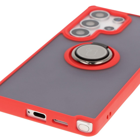 Etui z uchwytem na palec Bizon Case Hybrid Ring do Galaxy S25 Ultra, przydymione z czerwoną ramką