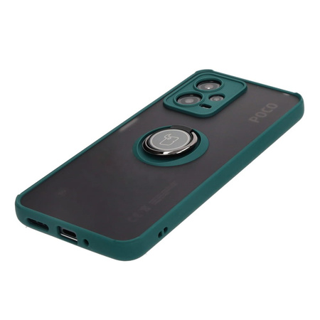 Etui z uchwytem na palec Bizon Case Hybrid Ring do Xiaomi Poco X5 / Redmi Note 12 5G, przydymione z ciemnozieloną ramką