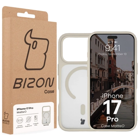 Etui z pierścieniem magnetycznym Bizon Case MatteO do iPhone 17 Pro, przydymione-beżowe
