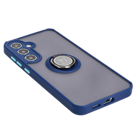 Etui z uchwytem na palec Bizon Case Hybrid Ring do Galaxy S25 Plus / S24 Plus, przydymione z granatową ramką