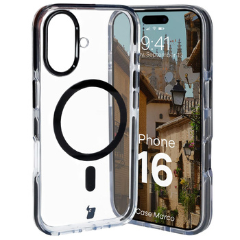 Etui z pierścieniem magnetycznym Bizon Case Marco do iPhone 16, przezroczyste z czarną ramką