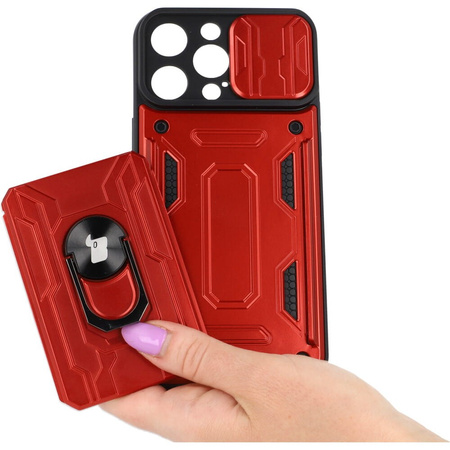 Etui Bizon Case Camshield Card Slot Ring do iPhone 14 Pro Max, czerwone