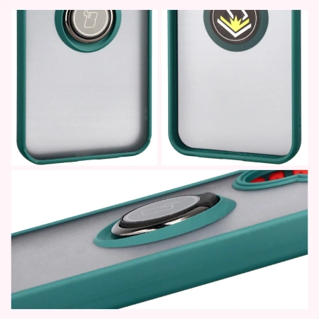 Etui z uchwytem na palec Bizon Case Hybrid Ring do Xiaomi POCO F7, przydymione z ciemnozieloną ramką