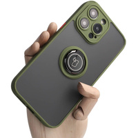 Etui z uchwytem na palec Bizon Case Hybrid Ring do iPhone 14 Pro Max, przydymione z zieloną ramką