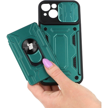 Etui Bizon Case Camshield Card Slot Ring do iPhone 14, zielone