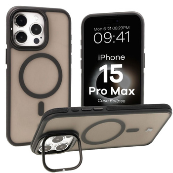 Etui z podstawką i pierścieniem magnetycznym Bizon Case Eclipse do iPhone 15 Pro Max, przydymione z czarną ramką