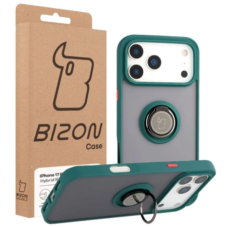 Etui z uchwytem na palec Bizon Case Hybrid Ring do iPhone 17 Pro Max, przydymione z ciemnozieloną ramką