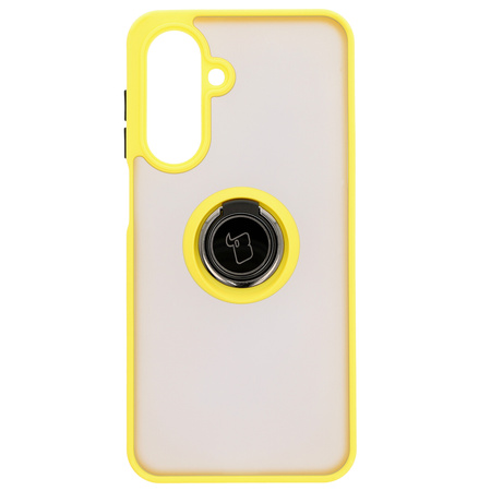 Etui z uchwytem na palec Bizon Case Hybrid Ring do Galaxy A26 5G, przydymione z żółtą ramką