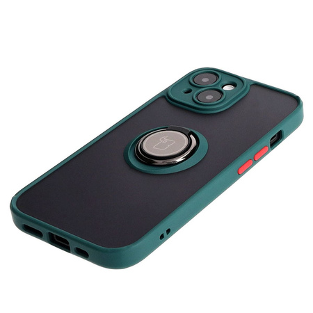 Etui z uchwytem na palec Bizon Case Hybrid Ring do iPhone 15, przydymione z ciemnozieloną ramką