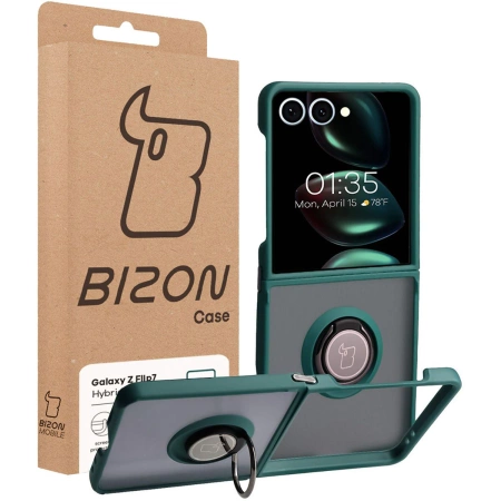 Etui z uchwytem na palec Bizon Case Hybrid Ring do Galaxy Z Flip7, przydymione z ciemnozieloną ramką
