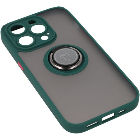 Etui z uchwytem na palec Bizon Case Hybrid Ring do iPhone 14 Pro, przydymione z ciemnozieloną ramką
