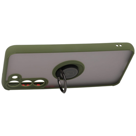 Etui z uchwytem na palec Bizon Case Hybrid Ring do Galaxy S23 Plus, przydymione z zieloną ramką