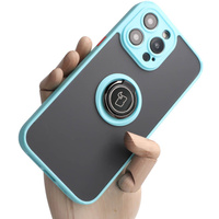 Etui z uchwytem na palec Bizon Case Hybrid Ring do iPhone 14 Pro Max, przydymione z jasnoniebieską ramką