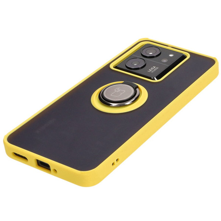 Etui z uchwytem na palec Bizon Case Hybrid Ring do Xiaomi 13T Pro / 13T, przydymione z żółtą ramką