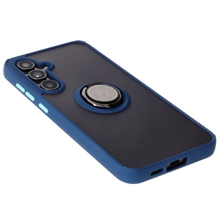 Etui z uchwytem na palec Bizon Case Hybrid Ring do Galaxy S24 FE, przydymione z granatową ramką