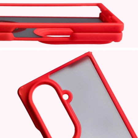 Etui z uchwytem na palec Bizon Case Hybrid Ring do Galaxy Z Fold7, przydymione z czerwoną ramką