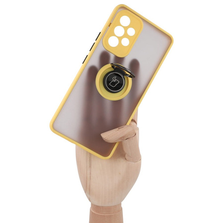 Etui z uchwytem na palec Bizon Case Hybrid Ring do Galaxy A53 5G, przydymione z żółtą ramką