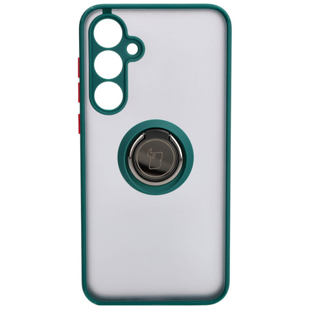 Etui z uchwytem na palec Bizon Case Hybrid Ring do Galaxy A35 5G, przydymione z ciemnozieloną ramką