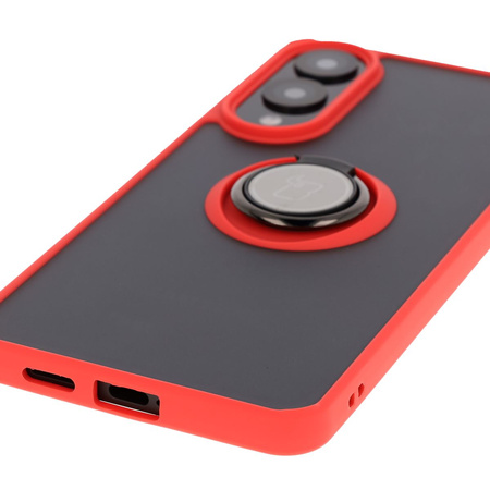 Etui z uchwytem na palec Bizon Case Hybrid Ring do Galaxy S25 Edge, przydymione z czerwoną ramką