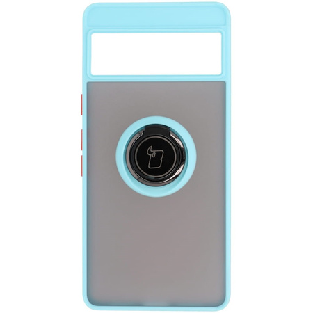 Etui z uchwytem na palec Bizon Case Hybrid Ring do Google Pixel 7, przydymione z jasnoniebieską ramką