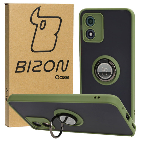 Etui z uchwytem na palec Bizon Case Hybrid Ring do Motorola Moto E13, przydymione z zieloną ramką