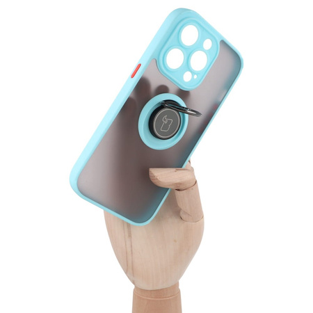 Etui z uchwytem na palec Bizon Case Hybrid Ring do iPhone 14 Pro, przydymione z jasnoniebieską ramką