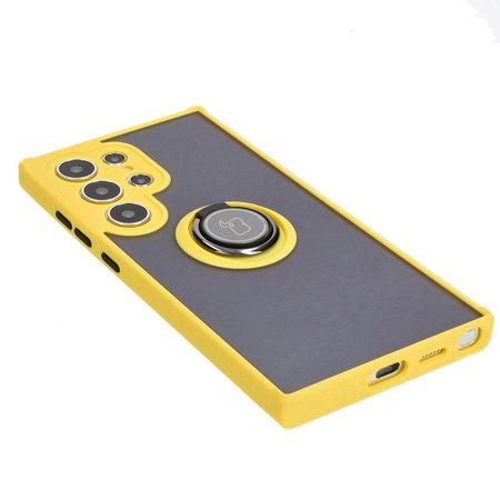 Etui z uchwytem na palec Bizon Case Hybrid Ring do Galaxy S24 Ultra, przydymione z żółtą ramką